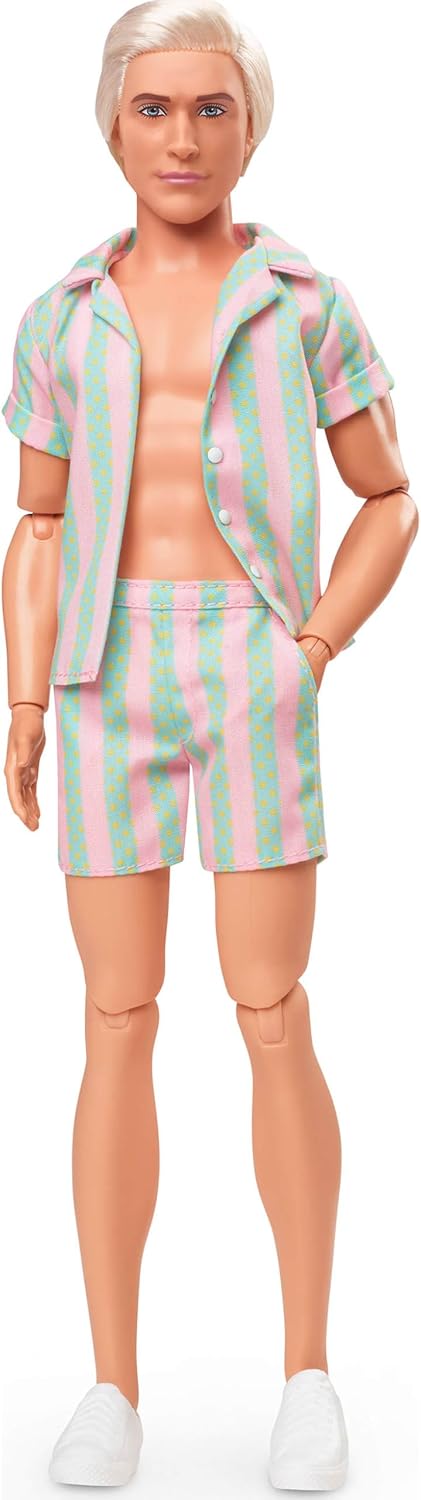 Barbie „The Movie Ken“-Puppe in einem pastellrosa und mintgrün gestreiften Strandset